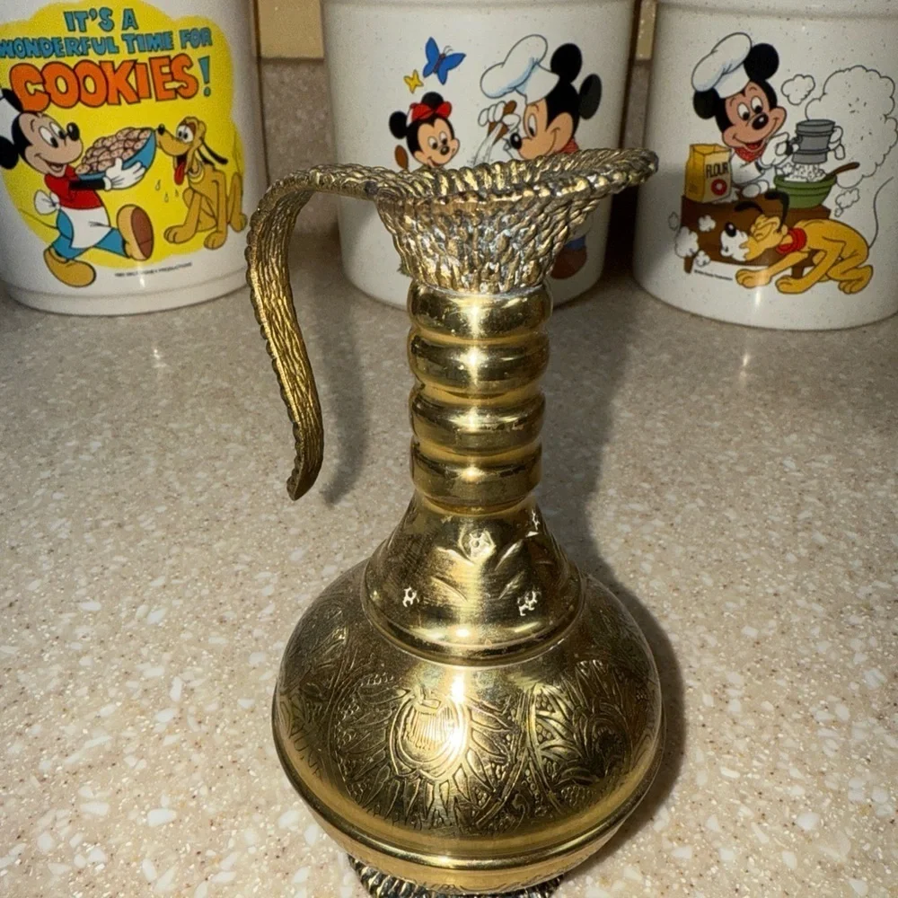 Vintage Gold Tone Brass Etchied Jerusalem Israel Pitchers Set of 2 Small Pourer